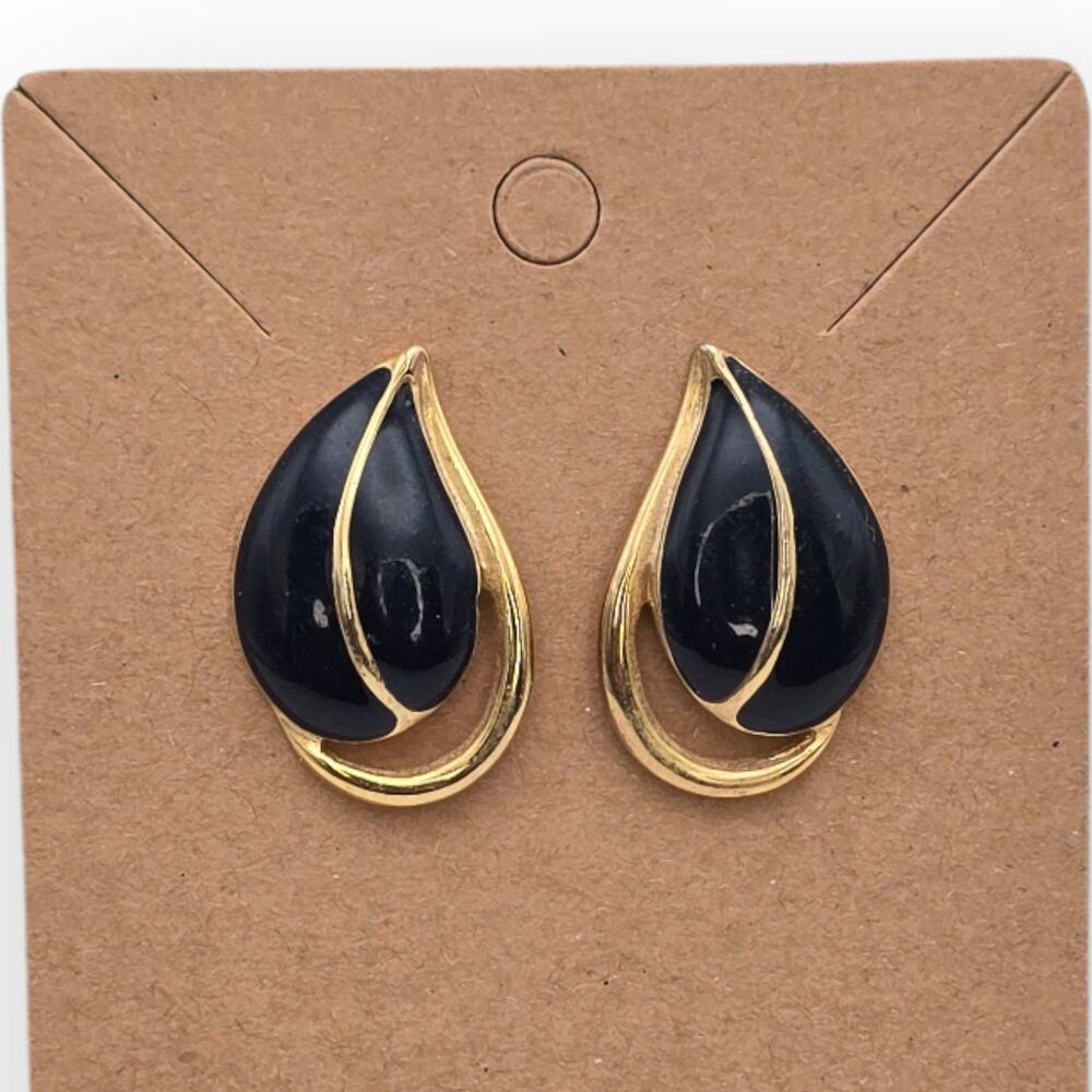 Navy & Gold Teardrop Retro Earrings – Enamel Studs – Classic Quiet Luxury